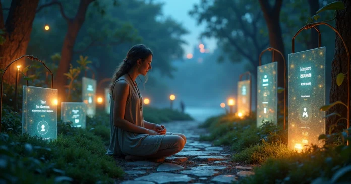 Spiritual advisor tending shining mystical plants shaped like profile cards