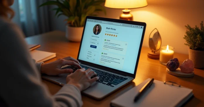 Spiritual advisor reading glowing online reviews on screen surrounded by subtle mystical decor