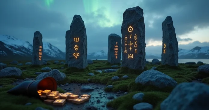 Stone circle at twilight with carved norse runes glowing softly on central standing stones