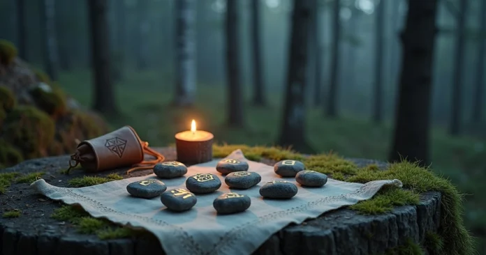Ancient rune stones arranged on moss atop a stone in a Nordic forest