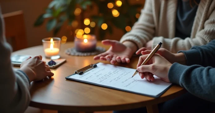 Spiritual reader and client reviewing a feedback card at a cozy reading table