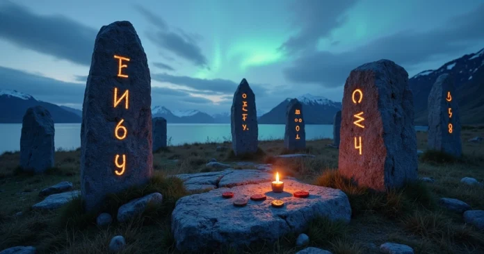 Ancient Viking runes carved into standing stones under a twilight sky