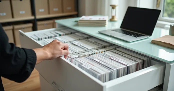Cartomancy cards neatly filed in a modern archival drawer
