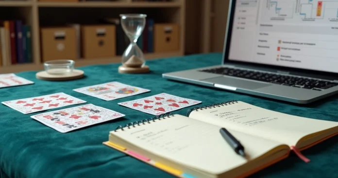 Cartomancer desk with playing cards, laptop and organized notes