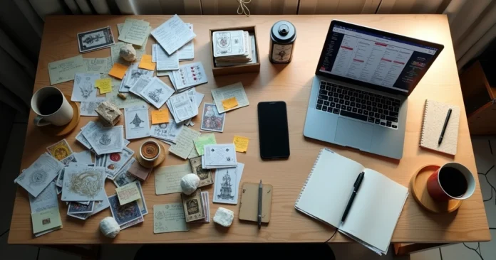 Overhead view of messy cartomancy desk being reorganized into neat digital board