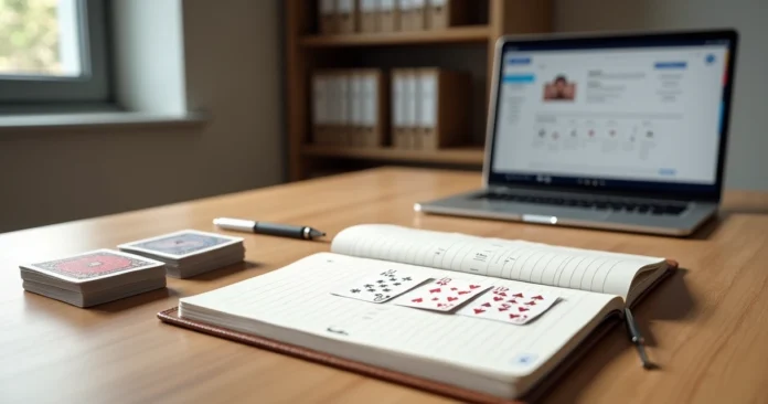 Organized desk with playing cards and multi-year consultation logs