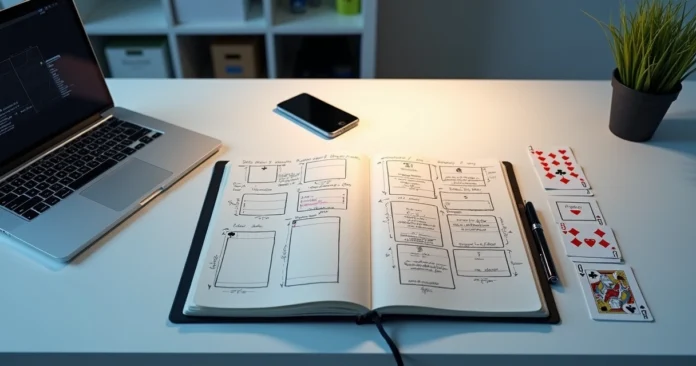 Organized playing card spread with notes and diagram on modern desk