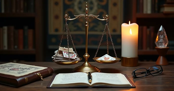Cartomancy table with balanced scales and playing cards symbolizing bias awareness