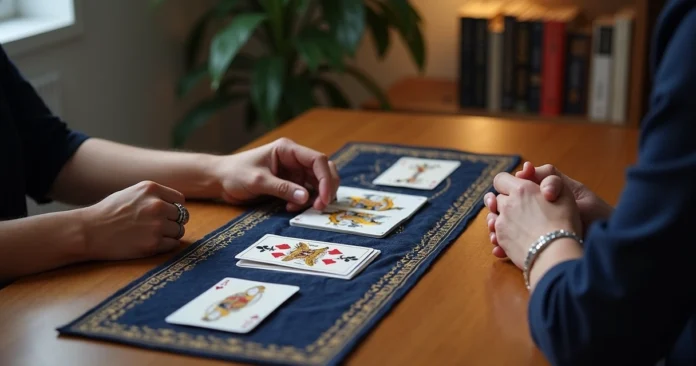 Cartomancy session highlighting reader hand gestures and client posture
