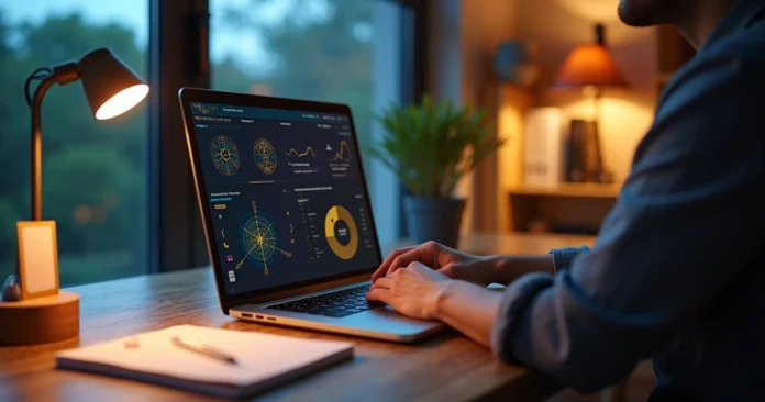 Spiritual entrepreneur working at laptop with glowing mystical symbols and ethical balance theme