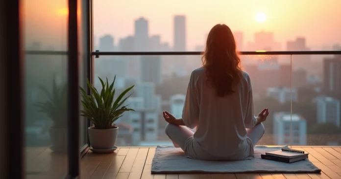 Person meditating on balcony at sunrise with divination journal nearby