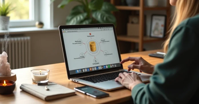 Holistic practitioner at desk planning recurring income with referral network diagram on laptop