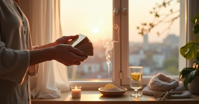 Person cleansing tarot deck with incense by open window at sunrise