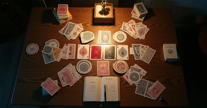 Overhead view of multiple card decks forming a unified cartomancy spread on a wooden table