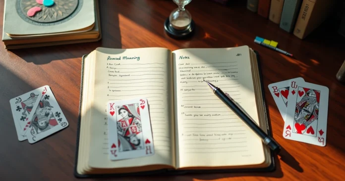 Overhead view of reversed playing card beside a structured divination journal on a desk