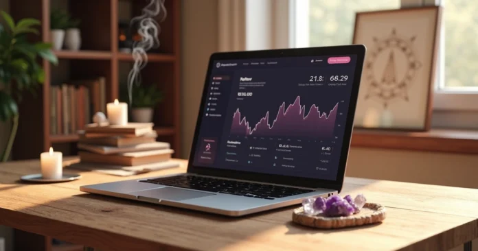 Laptop with affiliate dashboard beside crystals and incense on wooden desk