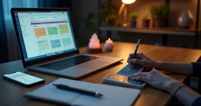 Tarot reader reviewing online booking requests on a laptop beside tarot cards