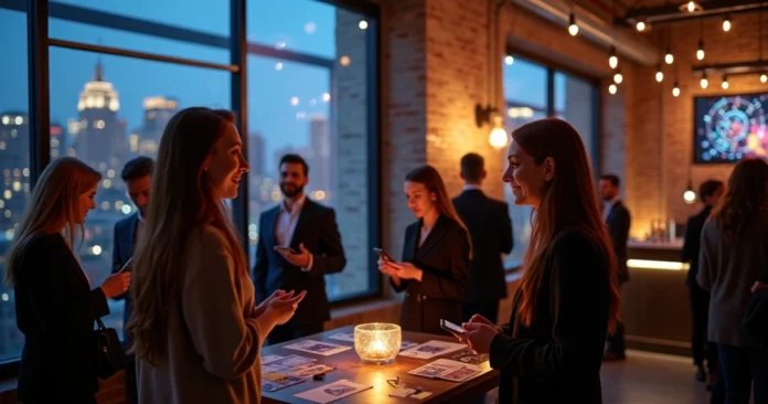 Tarot reader networking with professionals at modern metaphysical event