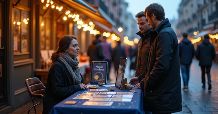 Tarot advisor at street market booth engaging passersby with flyers and cards