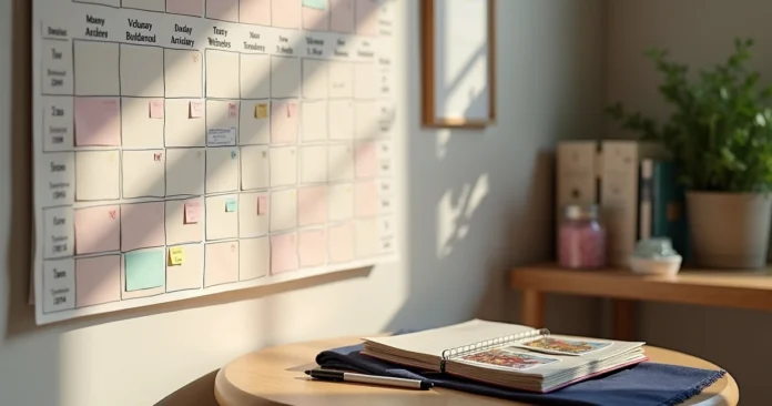 Wall calendar with color-coded tarot schedule and cards on side table