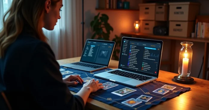 Tarot reader reviewing an automated follow-up dashboard beside glowing cards