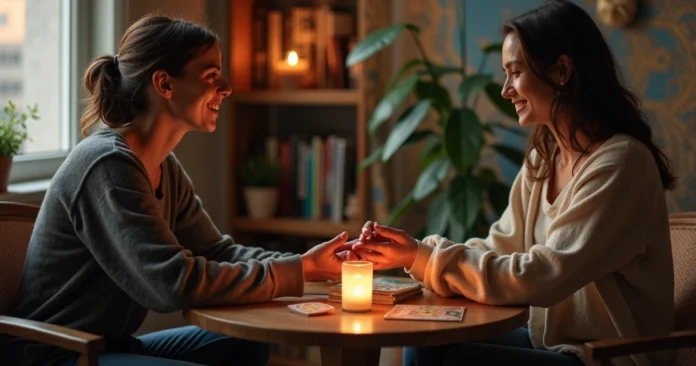 Tarot reader and new client seated at small round table exchanging a welcoming handshake