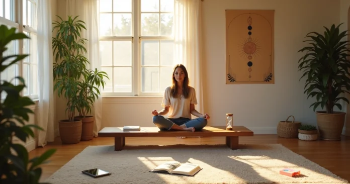 Tarot reader in sunlit studio creating a morning ritual for focus