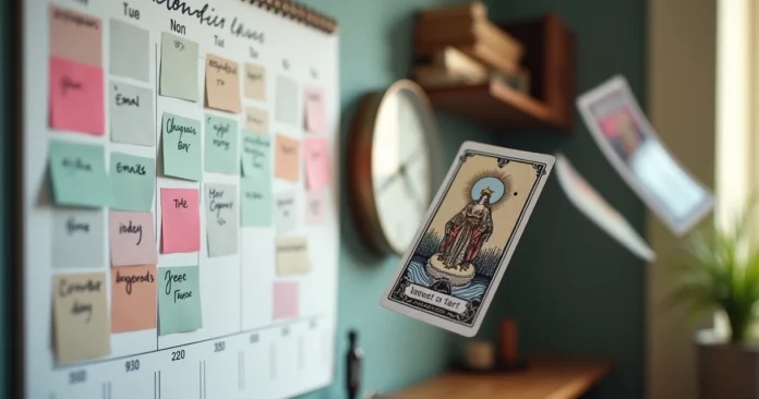 Wall calendar filled with color coded tarot appointments beside floating tarot cards and clock