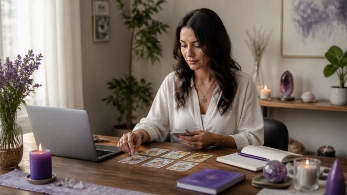 Professional tarot reader working at an organized desk with cards, notebook, and laptop in a calm studio