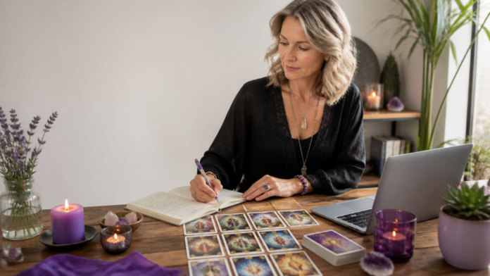 Professional tarot reader working at an organized desk with cards, notes, and a laptop in a calm consultation space